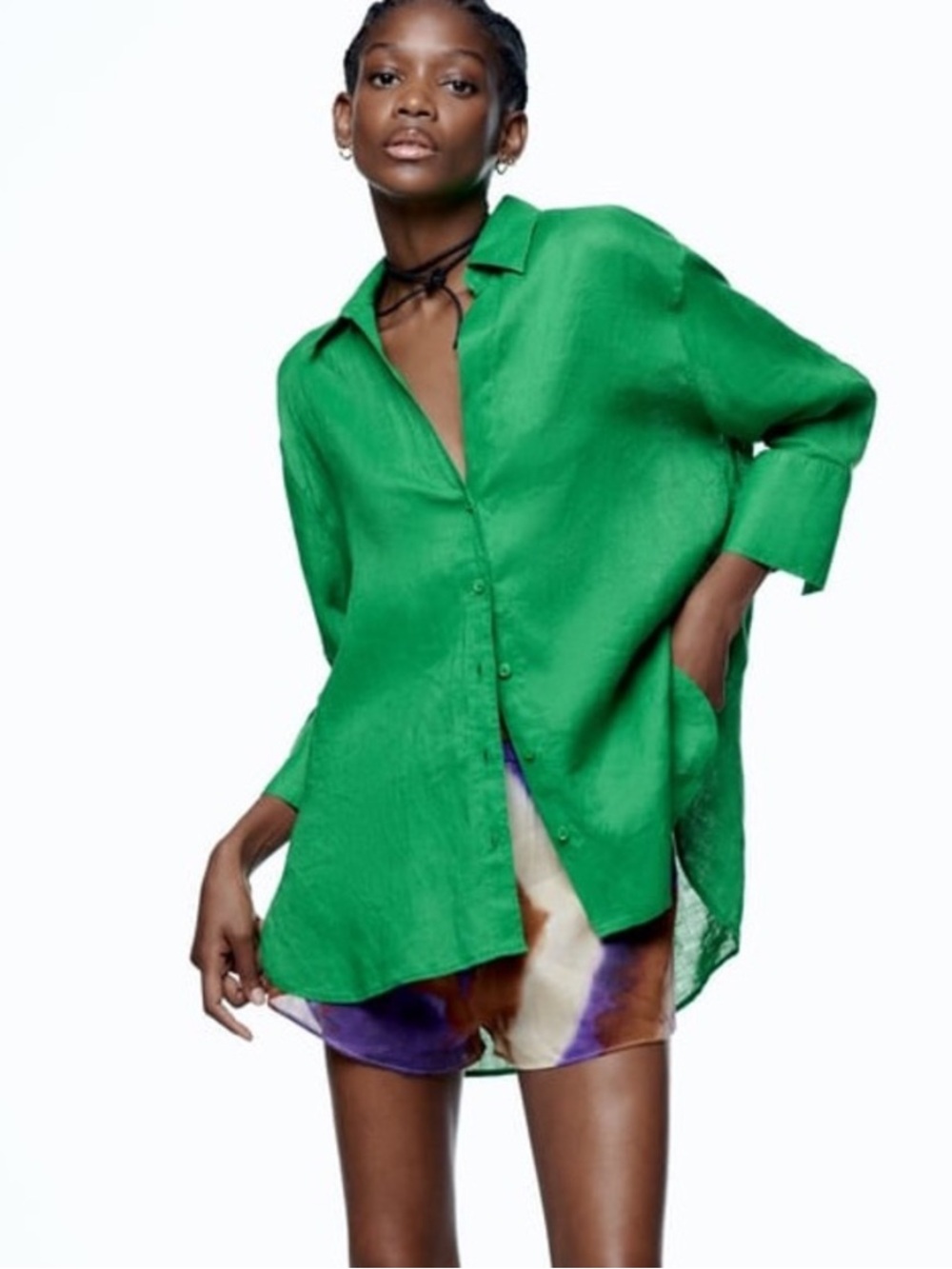 Zara Kelly Green Oversized Linen Button Down Shirt